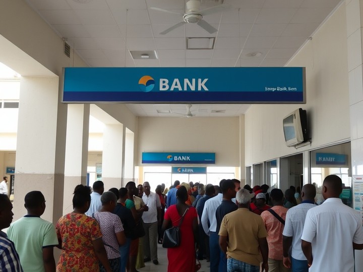 Before — A single line for every transaction type, with the wait piling up at the entrance.